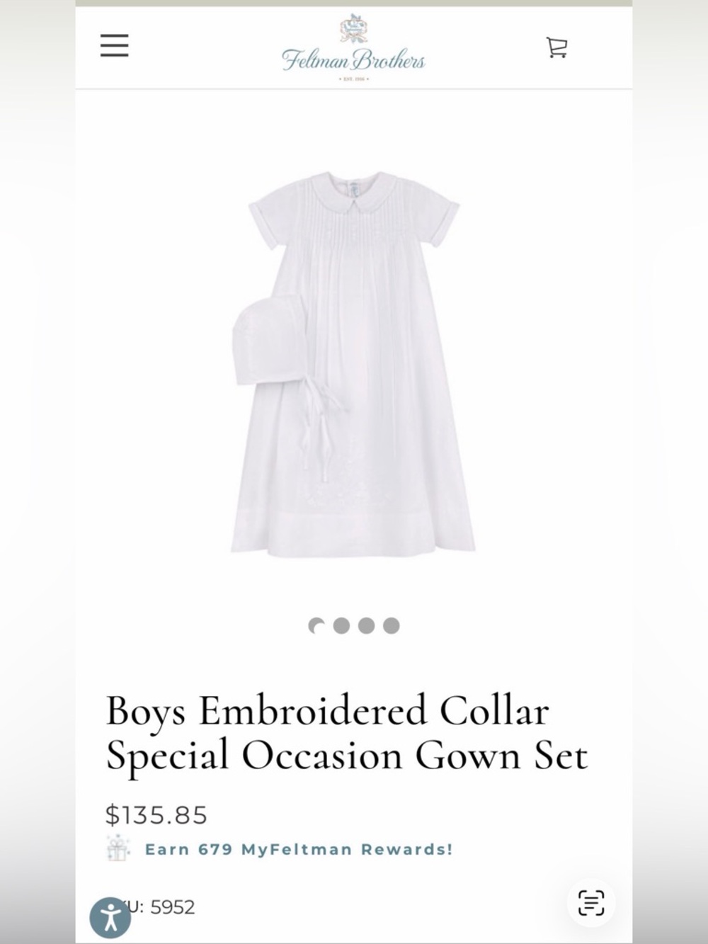 Feltman Brothers Boys Embroidered Collar Special Occasion Gown Set - White